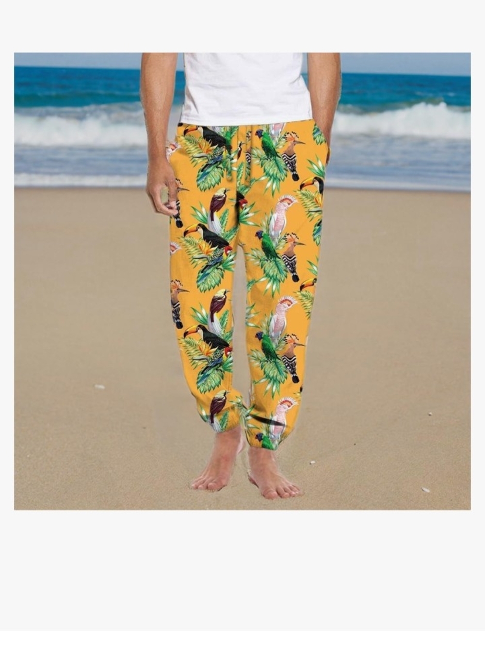 MAD Engine Men's Tropical Parrot Print Joggers in Yellow 💛✨🆕🦜🪂🎁